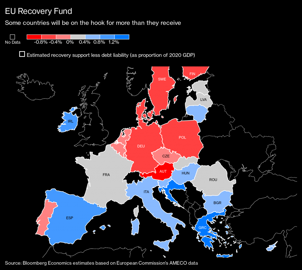 Harta țărilor care au cel mai mult de câștigat de pe urma planului de salvare al UE, de 500 de mld de $