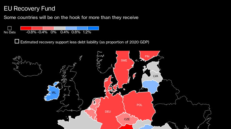 Harta țărilor care au cel mai mult de câștigat de pe urma planului de salvare al UE, de 500 de mld de $