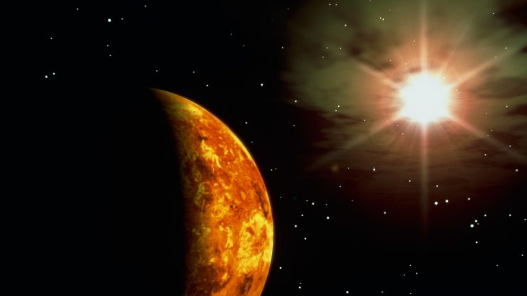 Venus. Computer artwork of a radar map of the surface of the planet Venus (left), partially illuminated by the Sun (upper right). Venus is the second planet from the Sun, next in from Earth and around 42 million kilometres further in, at about 108 million kilometres from the Sun. Its diameter of about 12, 100 kilometres is slightly smaller than Earth's. Venus' dense atmosphere of carbon dioxide has sulphuric acid clouds that obscure the rocky surface. The atmosphere traps the Sun's heat and leads to surface temperatures of over 500 degrees Celsius, the hottest planetary surface in the solar system. In addition, the atmospheric pressure on the surface is 90 times that on Earth.,Image: 102941768, License: Rights-managed, Restrictions: , Model Release: no