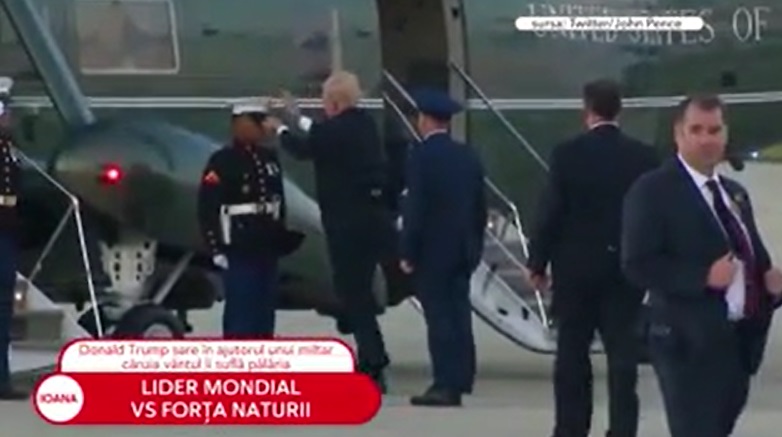 Donald Trump sare în ajutorul unui militar căruia vântul îi suflă pălăria