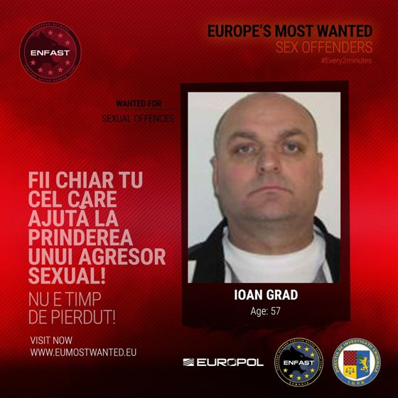 Un român, pe lista celor mai căutați agresori sexuali din Europa. IGPR solicită ajutorul cetățenilor pentru prinderea lui