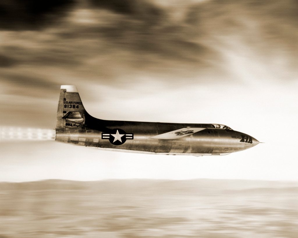 Bell X-1A in flight. Aeroplane used in early supersonic aircraft research. This rocket-powered aircraft was a development of the first ever supersonic aircraft, the X-1. Launched from beneath a flying bomber, it was used to study stability and control characteristics at high altitudes and at velocities of greater than twice the speed of sound (Mach 2). Piloted by Charles 'Chuck' Yeager, on 12 December 1953, it became the second aircraft to fly faster than Mach 2. On 26 August 1954, Arthur Murray flew it to a new altitude record of 30,147 metres. It was destroyed in 1955 when it was jettisoned after an explosion aboard its launch aircraft.,Image: 103038938, License: Rights-managed, Restrictions: , Model Release: no