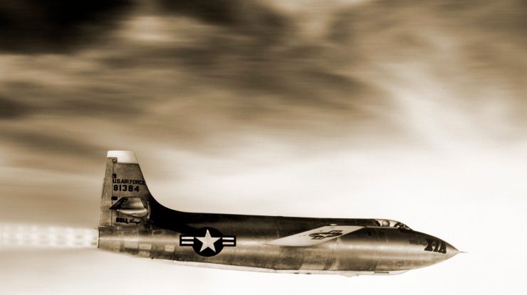 Bell X-1A in flight. Aeroplane used in early supersonic aircraft research. This rocket-powered aircraft was a development of the first ever supersonic aircraft, the X-1. Launched from beneath a flying bomber, it was used to study stability and control characteristics at high altitudes and at velocities of greater than twice the speed of sound (Mach 2). Piloted by Charles 'Chuck' Yeager, on 12 December 1953, it became the second aircraft to fly faster than Mach 2. On 26 August 1954, Arthur Murray flew it to a new altitude record of 30,147 metres. It was destroyed in 1955 when it was jettisoned after an explosion aboard its launch aircraft.,Image: 103038938, License: Rights-managed, Restrictions: , Model Release: no