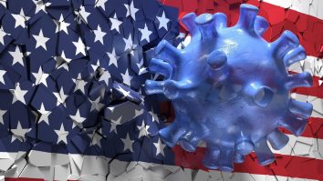 ilustratie cu un coronavirus care distruge steagul sua.