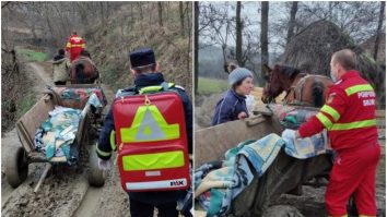 Imagini cutremurătoare. Pacientă transportată la spital cu căruța, pe un drum plin de noroi