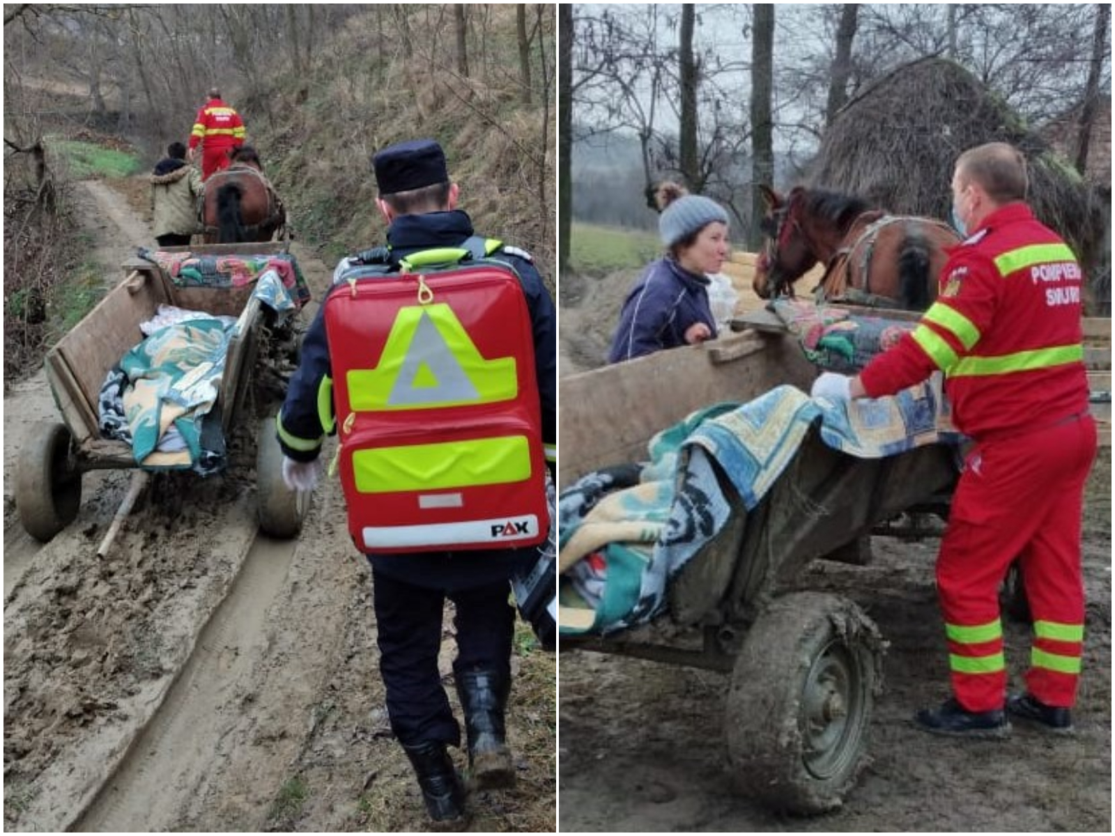 Imagini cutremurătoare. Pacientă transportată la spital cu căruța, pe un drum plin de noroi
