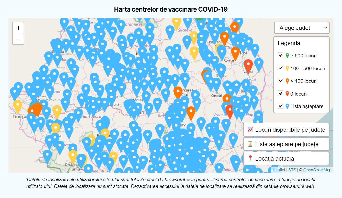 Harta centrelor pe tipuri de vaccin este disponibilă. Românii pot afla numărul locurilor libere și câți sunt înscriși pe lista de așteptare