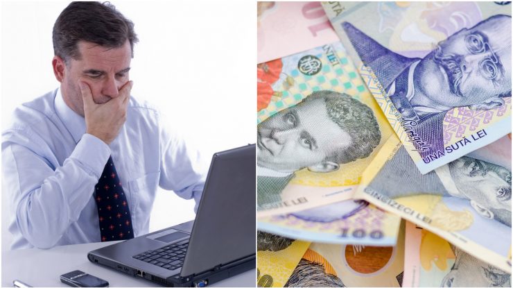 Colaj foto cu un bărbat cu laptop și un tanc cu bani