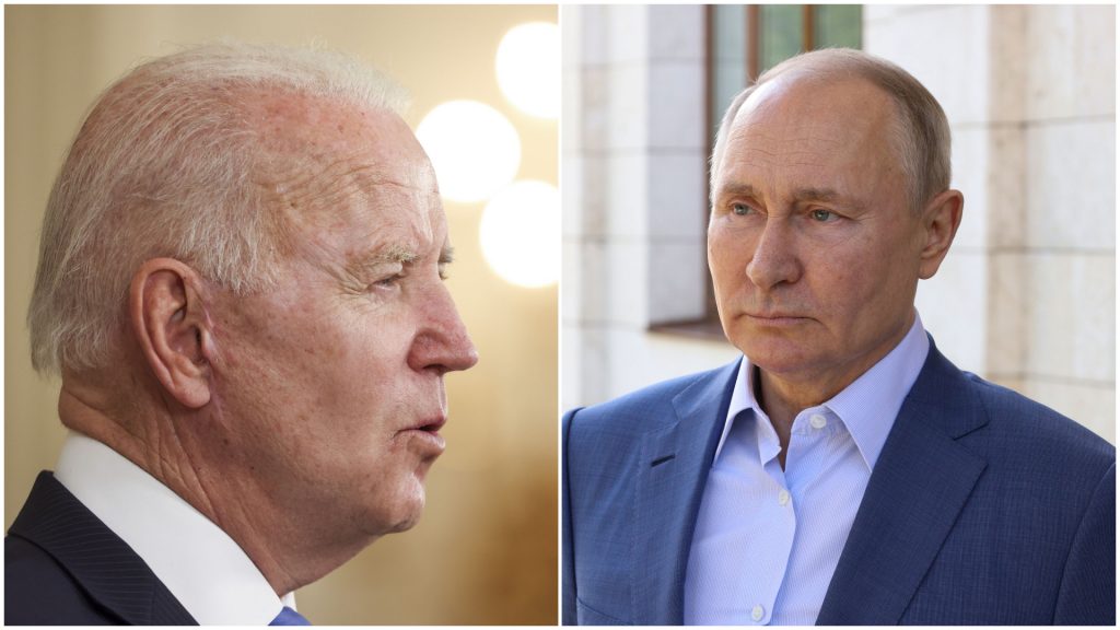 Joe Biden și Vladimir Putin se privesc încruntați