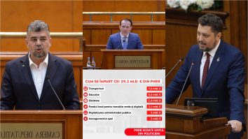 Marcel Ciolacu și Claudiu Târziu se uită încruntați la Florin Cîțu și la prezentarea bugetului PNRR.