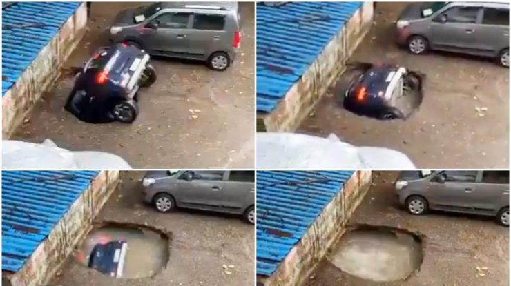 VIDEO. Momentul în care o mașină parcată dispare în câteva secunde, după ce este înghițită de o groapă