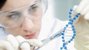 Femeie în laborator care lucrează cu un obiect care întruchipează ADN-ul.