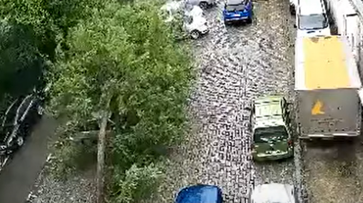 Momentul în care un salcâm se prăbușește peste două mașini, în parcarea unui bloc. VIDEO