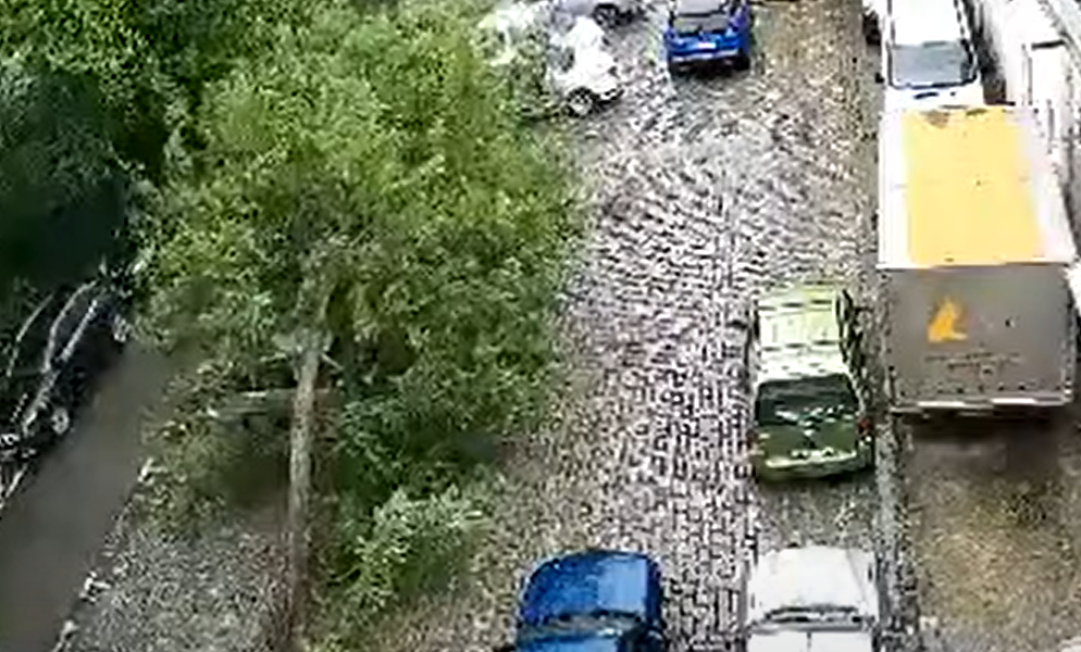 Momentul în care un salcâm se prăbușește peste două mașini, în parcarea unui bloc. VIDEO