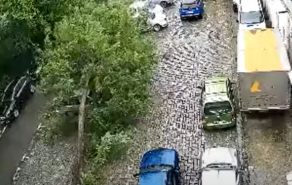 Momentul în care un salcâm se prăbușește peste două mașini, în parcarea unui bloc. VIDEO