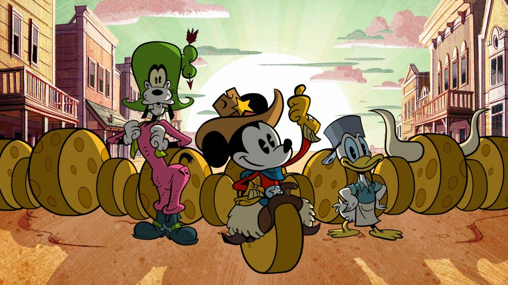 O imagine dintr-un desen animat în care apar Goofy, Mickey Mouse și Donald Duck.