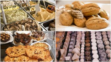 Colaj foto cu înghețată, pâine, prăjituri și sortimente de brânză.