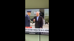 Joe Biden în fața avionului său în timp ce este atacat de o lăcustă.