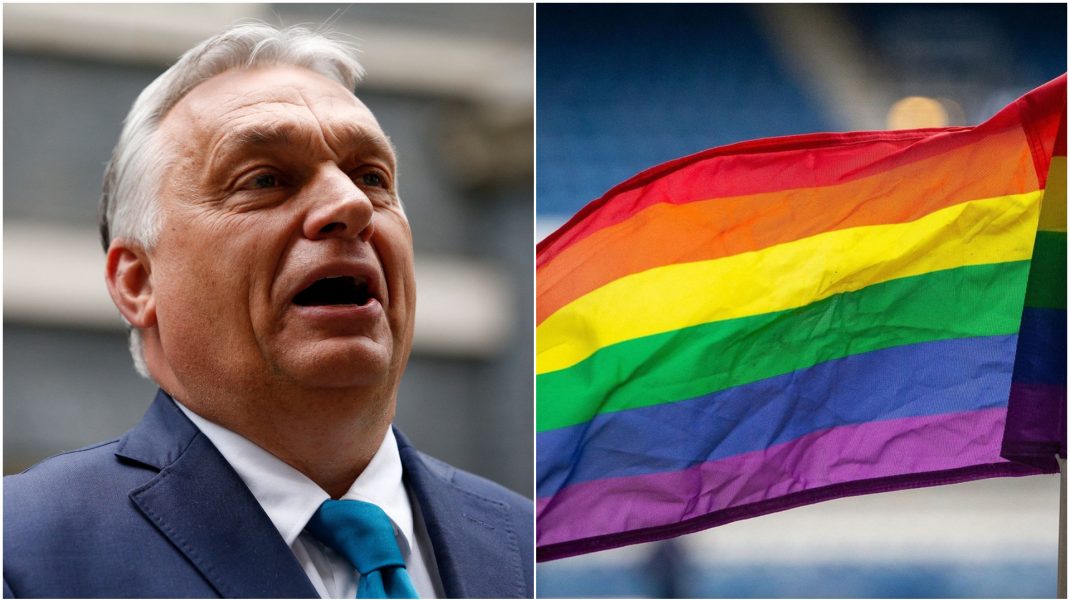 Colaj foto cu Viktor Orban și un drapel LGBT.