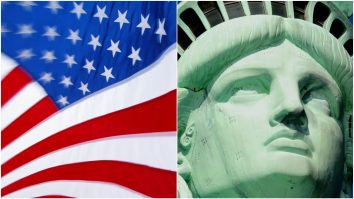 Colaj foto cu drapelul Americii și Statuia Libertății.