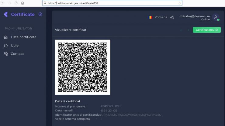 Ilustrație a certificatului COVID. Foto: Ro Vaccinare