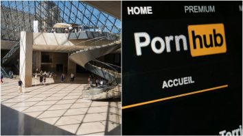 Colaj foto cu Muzeul Luvru și platforma Pornhub.