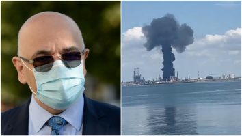 Colaj cu Raed Arafat care se uită la explozia de la Petromidia.