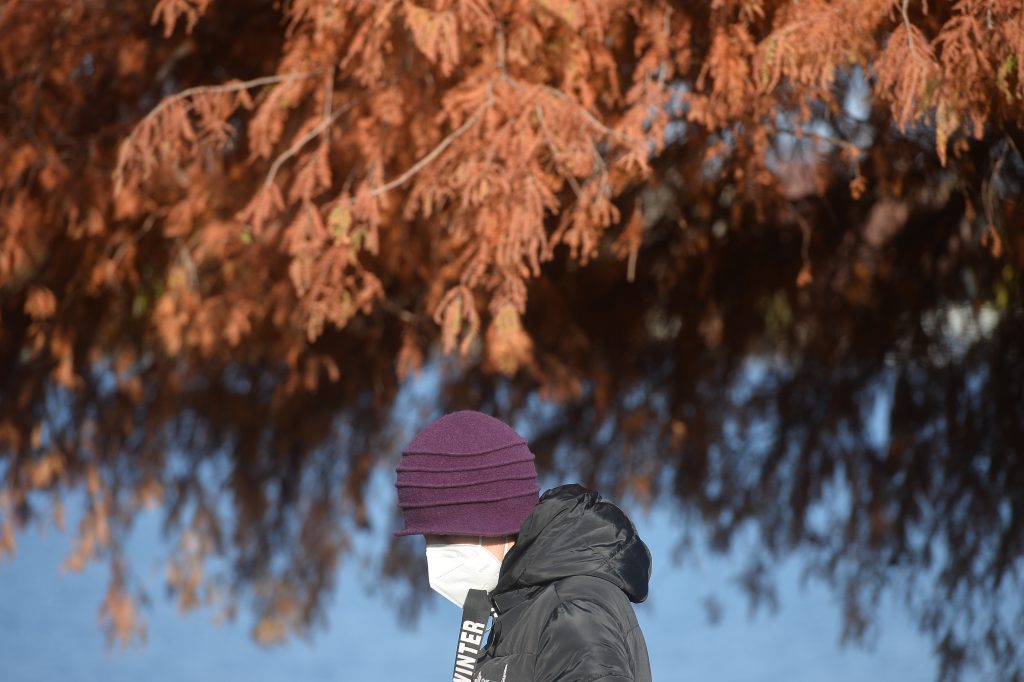 Un bărbat care se plimbă pe lângă un copac cu frunze ruginii.
