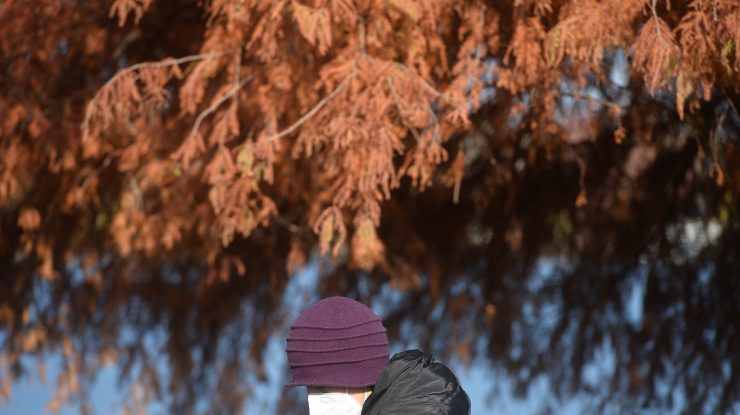 Un bărbat care se plimbă pe lângă un copac cu frunze ruginii.