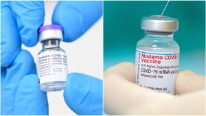 Colaj foto în care apar două fotografii: una cu o doză de vaccin Pfizer și una cu o doză de vaccin Moderna.