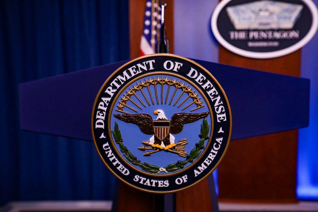 VIRGINIA, USA - JANAURY 28: Pentagon logo is seen ahead of a press conference at the Pentagon January 28, 2021 in Arlington, Virginia on January 28, 2021. Yasin Ozturk / Anadolu Agency/ABACAPRESS.COM