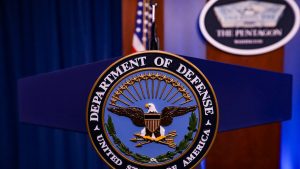VIRGINIA, USA - JANAURY 28: Pentagon logo is seen ahead of a press conference at the Pentagon January 28, 2021 in Arlington, Virginia on January 28, 2021. Yasin Ozturk / Anadolu Agency/ABACAPRESS.COM