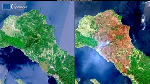 Insula Evia pe 1 și 11 august 2021. Foto: copernicus.eu