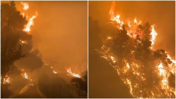 Colaj foto cu imagini din curtea unui grec care încearcă să-și salveze casa din incendiul devastator.