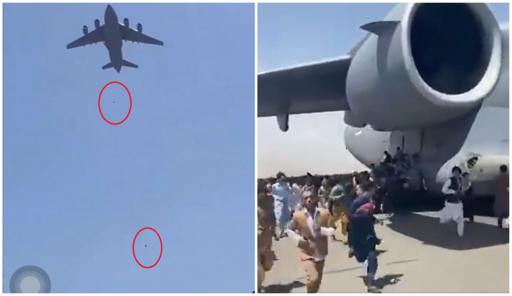 Imagini dramatice în Kabul: Doi oameni au căzut dintr-un avion comercial care a decolat din Afganistan, în timp ce la sol oamenii aleargă lângă o aeronavă americană C-17.