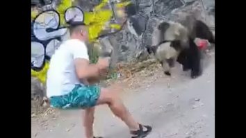 Momentul șocant în care un bărbat este atacat de un urs în timp ce îl pozează pe marginea unui drum. VIDEO