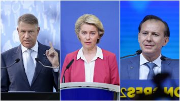Colaj foto cu Klaus Iohannis, Ursula Von Der Leyen și Florin Cîțu.