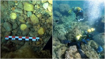 Arheologi care analizează monede de aur din perioada Imperiului Roman.