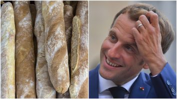 Colaj foto cu Emmanuel Macron și baghete de pâine.