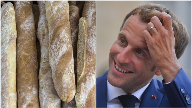 Colaj foto cu Emmanuel Macron și baghete de pâine.