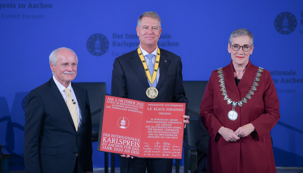 Klaus Iohannis, la decernarea premiului internațional Carol cel Mare al orașului Aachen - Pentru unitatea Europei. Foto: presidency.ro