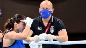 31 July 2021, Japan, Tokyo: Italy's Irma Testa (L) reacts after her defeat against Philippines' Nesthy Petecio in the Women's Feather (54-57kg) Semifinal 1 boxing match at the Kokugikan Arena, during the Tokyo 2020 Olympic Games. Photo: Alfredo Falcone/LaPresse via ZUMA Press/dpa