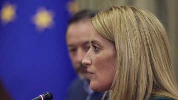 In this photo provided by the Ukrainian Presidential Press Office, President of the European Parliament Roberta Metsola during her meeting with Ukrainian President Volodymyr Zelenskyy in Kyiv, Ukraine, Friday, April 1, 2022. (Ukrainian Presidential Press Office via AP)