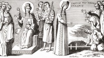 May 28, 2014: St. Helena Discovering The True Cross Of Jesus's Crucifixion During A Pilgrimage To The Roman Province Of Syria Palaestina In The 4th Century. After A Greek Ms Of The 9th Century In The National Library, Paris. Saint Helena Or Saint Helen, C.?250 â€“ C.?330. Consort Of The Roman Emperor Constantius Chlorus And The Mother Of The Emperor Constantine The Great. From Cassell's History Of England, Published C.1901 (Credit Image: © Ken Welsh/Design Pics via ZUMA Wire)
