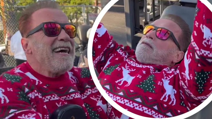 Arnold Schwarzenegger a apărut într-un pulover roșu de sărbători, în timp ce făcea sport în ajunul Crăciunului: „Încă ne antrenăm”