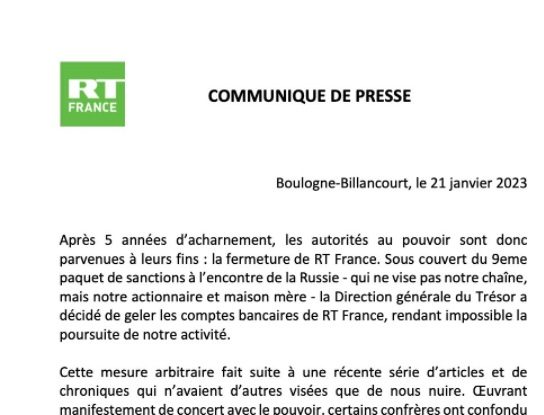 RT France, filiala franceză a canalului rusesc, își anunță închiderea