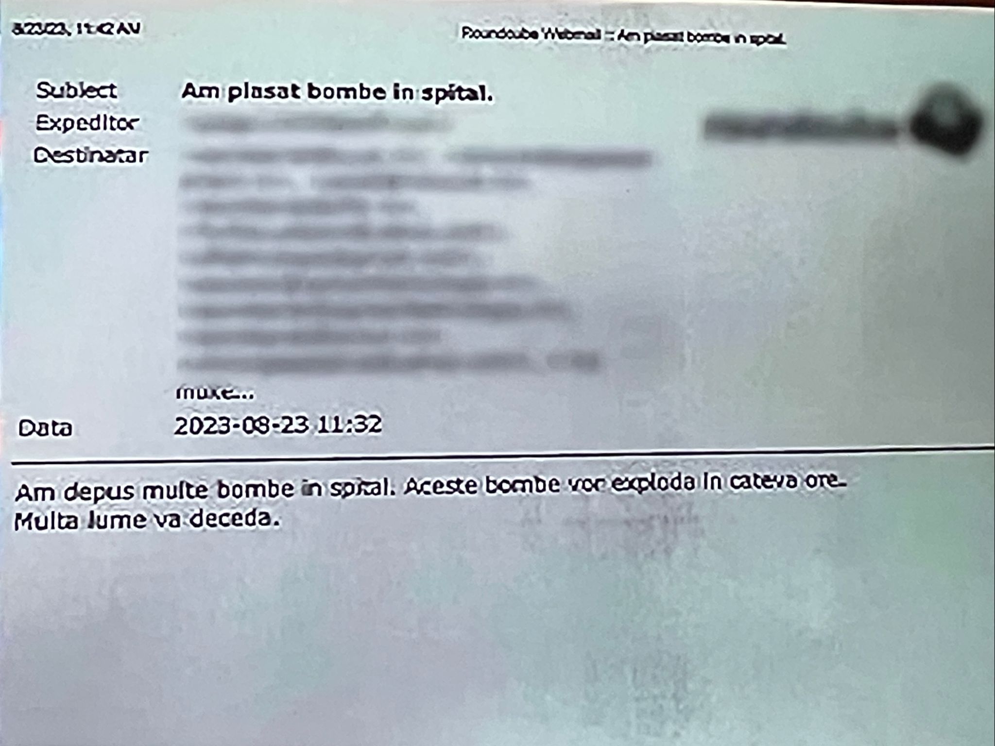 Alertă în mai multe spitale din Capitală după ce s-a primit un e-mail privind amplasarea unei bombe