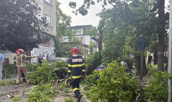 FOTO. Furtuna a făcut ravagii în București. O femeie a murit după ce acoperişul unei clădiri a căzut peste imobilul în care ea se afla. Mai mulți copaci au fost smulși din rădăcini