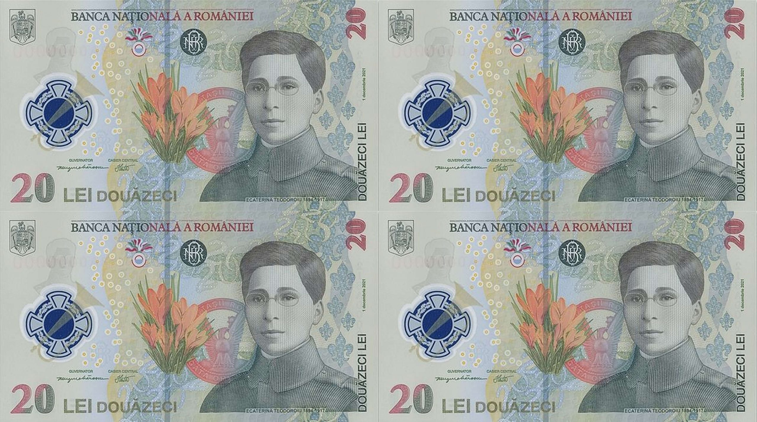 Banca Naţională lansează pe 1 Decembrie în circuitul numismatic o coală specială formată din patru bancnote cu valoare nominală de 20 lei, la un preţ de vânzare de 120 lei, exclusiv TVA, inclusiv certificatul de autenticitate
