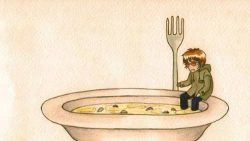 Un om cu o furculiță într-o lume plină de supă